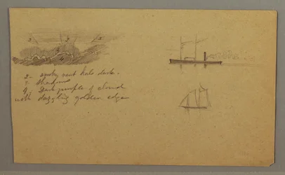 Dibujo, Estudio de nubes, barco de vapor, velero, posiblemente 1865-66