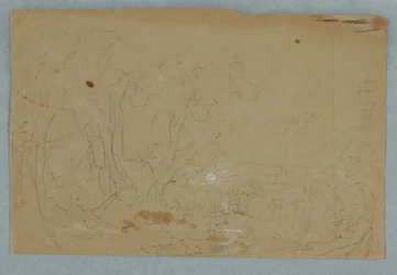 Dibujo, Cielo nublado sobre un paisaje de colinas; reverso: Luna llena reflejada en un arroyo, 1845-50