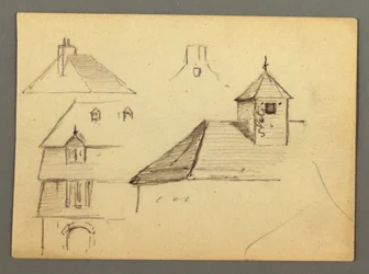 Dibujo, esquina de la mansión, tejados, posiblemente 1868