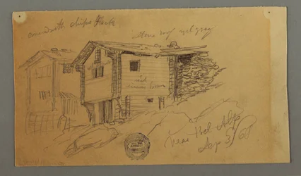 Dibujo, Detalles de cobertizos de montaña, casas y una roca, Alpes berneses, Suiza, 3 de septiembre de 1868