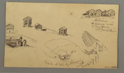 Dibujo, Detalles de cobertizos de montaña, casas y una roca, Alpes berneses, Suiza, 3 de septiembre de 1868