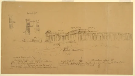 Dibujo, Templos griegos dóricos de Atenea (antes Ceres), Hera II (antes Neptuno) y Hera I (antes Basílica), Paestum, Salerno, Italia, abril de 1869.