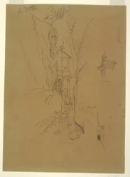 Dibujo, El Khasneh desde el Sik, Petra, finales de febrero de 1868