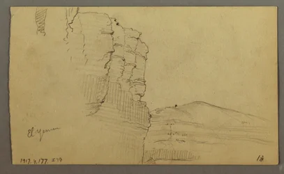 Dibujo, Valle de El Yemen, Arabia: Pared rocosa cuya parte superior se asemeja a una hilera de columnas, 20 de febrero de 1868.