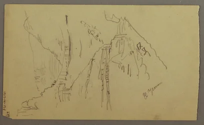 Dibujo, Valle de El Yemen, Arabia: Vista de un valle sinuoso con una caravana, 20 de febrero de 1868