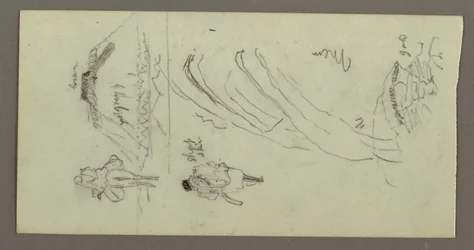 Dibujo, Figura montada en camello, Figura paseando, Hilside y Hilltop, posiblemente 1868