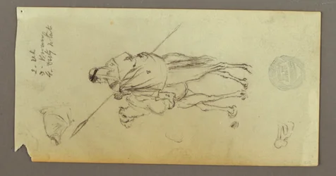 Dibujo, Figura montando un camello, llevando una lanza, dos estudios de figuras, posiblemente 1868