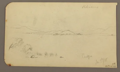 Dibujo, Figura y carro de bueyes, Ciprés; reverso: Vista del lago de Cuitzeo, enero de 1885