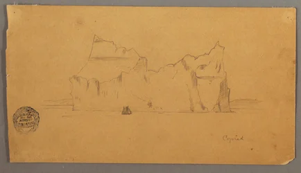 Dibujo, Iceberg flotante con velero, posiblemente 1859