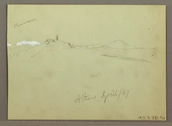Dibujo, Rebaño de ovejas y pastor, cordilleras nevadas, abril de 1869
