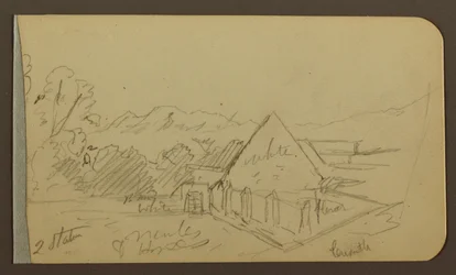 Dibujo, Jardín, Casa, Cuautla; Verso: Iglesia, Granero, Cuautla, Febrero 1885