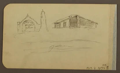 Dibujo, Jardín, Casa, Cuautla; Verso: Iglesia, Granero, Cuautla, Febrero 1885