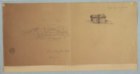 Dibujo, Portal y vista parcial de Guaranda, Ecuador, 3 de junio de 1857