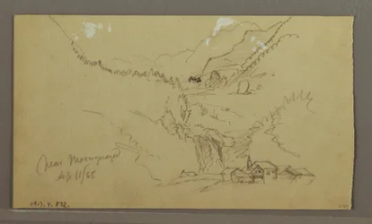 Dibujo, Glaciar, puente y casa, septiembre de 1868