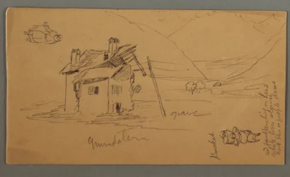 Dibujo, Hlaf-Ruined House in Valley, Two Figures, 1868
