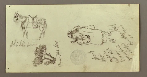 Dibujo, Caballo, Figura de espaldas, Árboles, posiblemente 1868