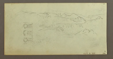 Dibujo, Caballo, Figura de espaldas, Árboles, posiblemente 1868