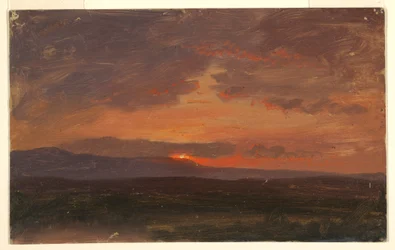 Dibujo, Valle del Hudson, Nueva York, con el sol poniéndose tras las montañas Catskill, 1855-65