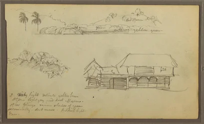 Dibujo, Paisaje, Copas de árboles, casa, 1857