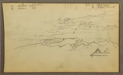 Dibujo, Paisaje; Verso: Barco, Bocetos botánicos, 1857