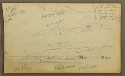 Dibujo, Paisaje; Verso: Casas, Canoa, 1857