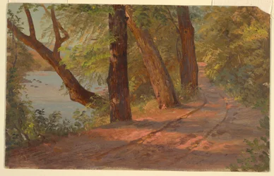 Dibujo, Paisaje norteamericano (Camino junto a un lago), ca. 1875