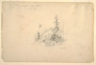 Dibujo, Cabaña de troncos rodeada de árboles, julio de 1844