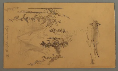 Dibujo, Hombre en una barca, Pico rocoso sobre pinos, posiblemente 1868
