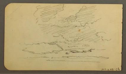 Dibujo, Hombre en barca, rocas, tronco de árbol, árboles, 1878