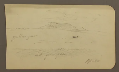 Dibujo, Paisaje montañoso; reverso: Iglesia con cúpula, abril de 1885