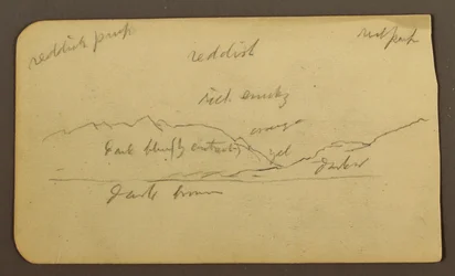 Dibujo, Paisaje de montaña; reverso: Inscripciones, 1885