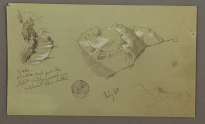 Dibujo, Picos de montaña, río, julio de 1868