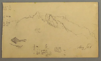 Dibujo, Picos de montaña, Santuario al borde de la carretera, agosto de 1868