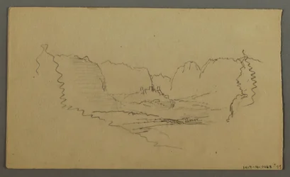 Dibujo, Picos de montaña, Santuario al borde de la carretera, agosto de 1868