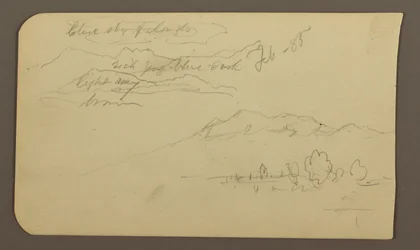 Dibujo, Cordillera, Cuautla, Iglesia; reverso: Caballo agazapado, anotaciones sobre el paisaje, febrero de 1885.