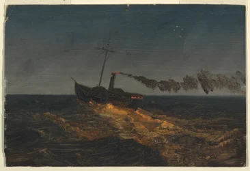 Dibujo, Barco de vapor a paletas al atardecer, ca. 1853