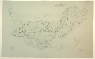 Dibujo, Petra, Jordania desde el oeste, mostrando el palacio y las tumbas corintias, 26 de febrero de 1868.