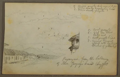 Dibujo, Popayán, Colombia; Verso: Paisaje montañoso, Colombia, 9 de agosto de 1853.