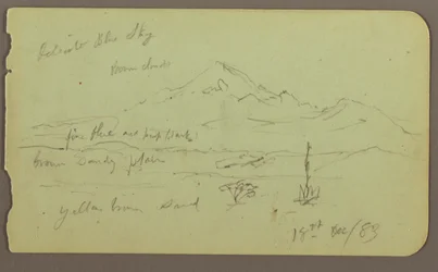 Dibujo, Popocatapel; Verso: Friso del Hotel Texcoco, 18 de diciembre de 1883