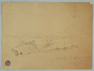Dibujo, Recuerdo del paisaje en el camino de Fusugasuga a Pandi, Nueva Granda, Colombia, 11 de julio de 1853.