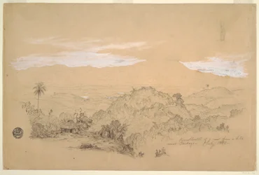 Dibujo, Recuerdo de una vista desde una colina cerca de Cartago, Colombia, con una mujer que lleva un cántaro de agua en la cabeza, julio de 1853