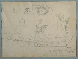 Dibujo, Orilla de río con montañas y nubes, tres esbozos botánicos y estudios de bustos de hombres con sombrero, 1853