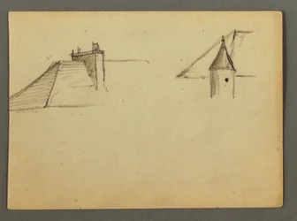 Dibujo, tejado con chimenea, torreta, posiblemente 1868
