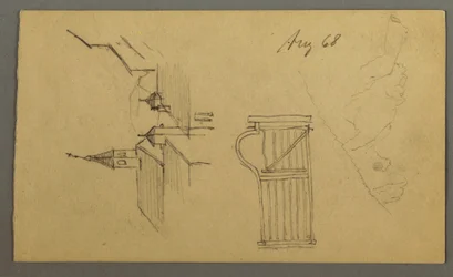 Dibujo, tejados, puerta, picos de montaña, agosto de 1868