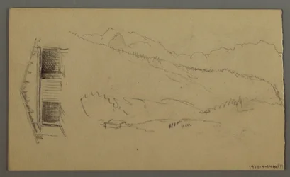 Dibujo, tejados, puerta, picos de montaña, agosto de 1868