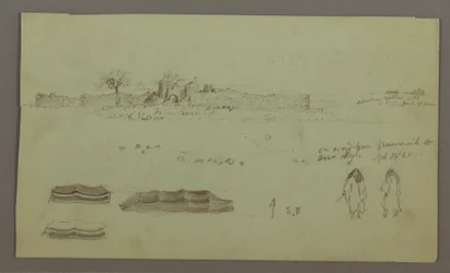 Dibujo, Ruinas rodeadas de muros, tiendas, dos estudios de figuras, 28 de abril de 1868