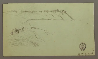 Dibujo, Ruinas rodeadas de muros, tiendas, dos estudios de figuras, 28 de abril de 1868