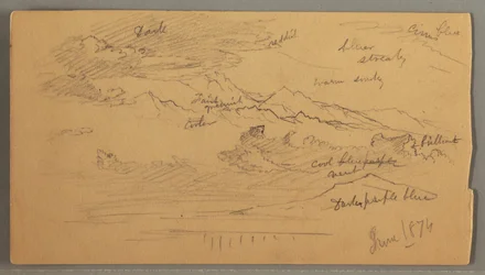 Dibujo, Picos de montañas afilados, cielo nublado, junio de 1874