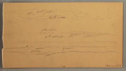 Dibujo, Picos de montañas afilados, cielo nublado, junio de 1874