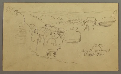 Dibujo, Boceto. Vista de Khirbet en Wasara "Petra / desde el camino a / El Deir", posiblemente 1868, 26 de febrero.